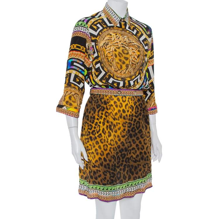 Versace Multicolor Multiprinted Silk Belted Button Front Mini Dress M  Versace