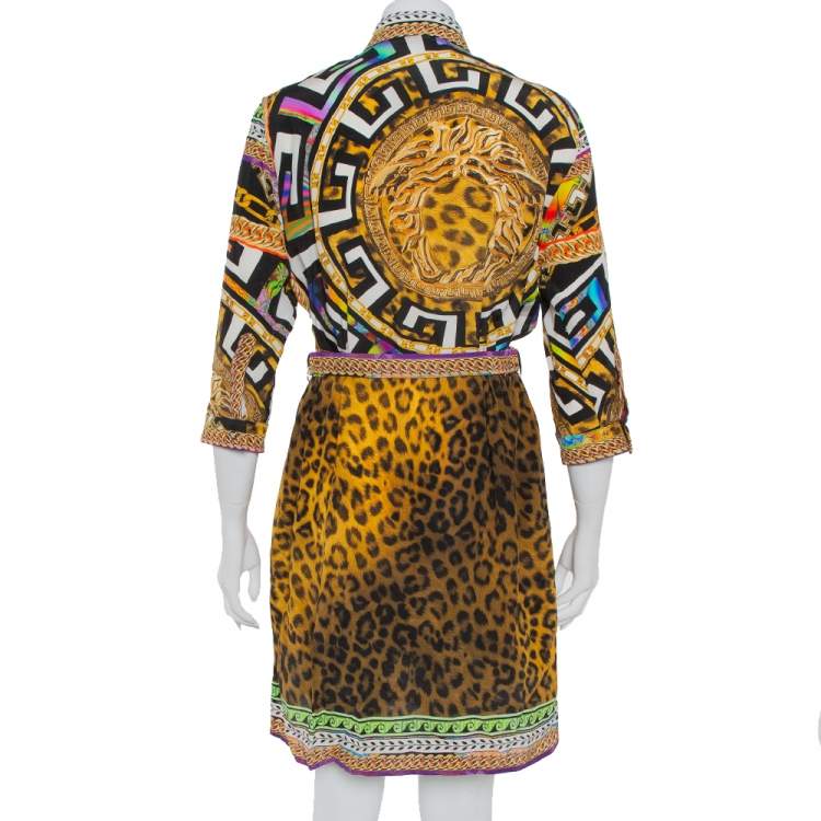 مملوكة مسبقًا Versace Multicolor Multiprinted Silk Belted Button Front Mini Dress M