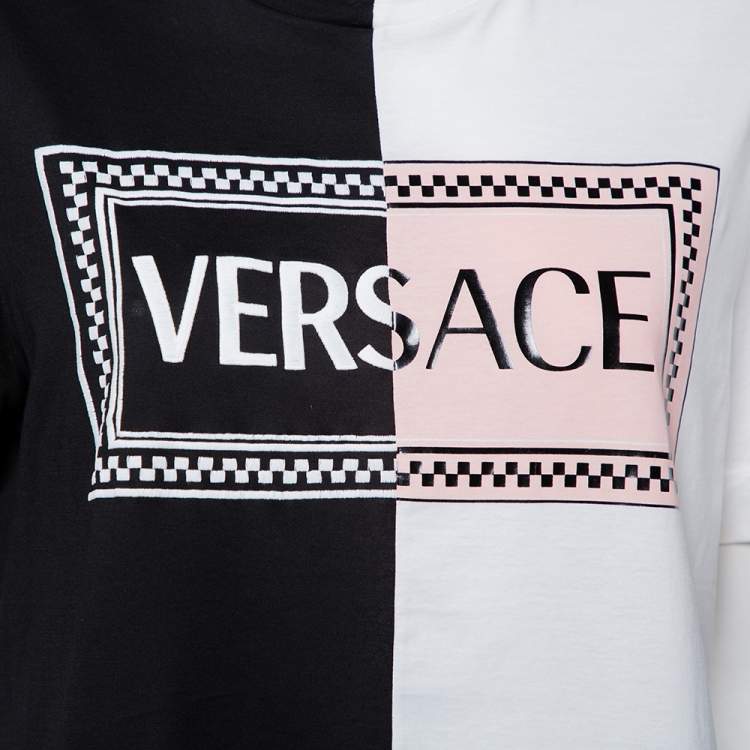 Pre Owned Versace Monochrome Cotton Logo Embroidered & Printed Crewneck T-Shirt M