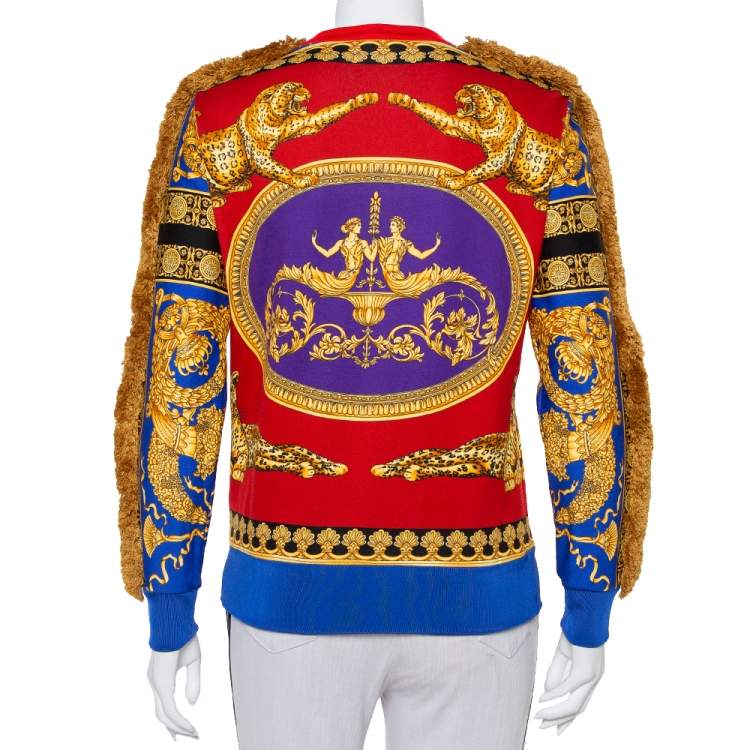 Pre Owned Versace Red & Blue Printed Cotton Fringed Detail Sweater XS