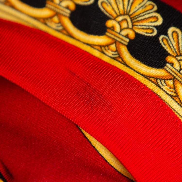 Pre Owned Versace Red & Blue Printed Cotton Fringed Detail Sweater XS