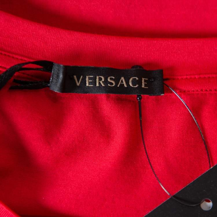 Pre Owned Versace Red Cotton Logo Printed Crewneck T-Shirt M