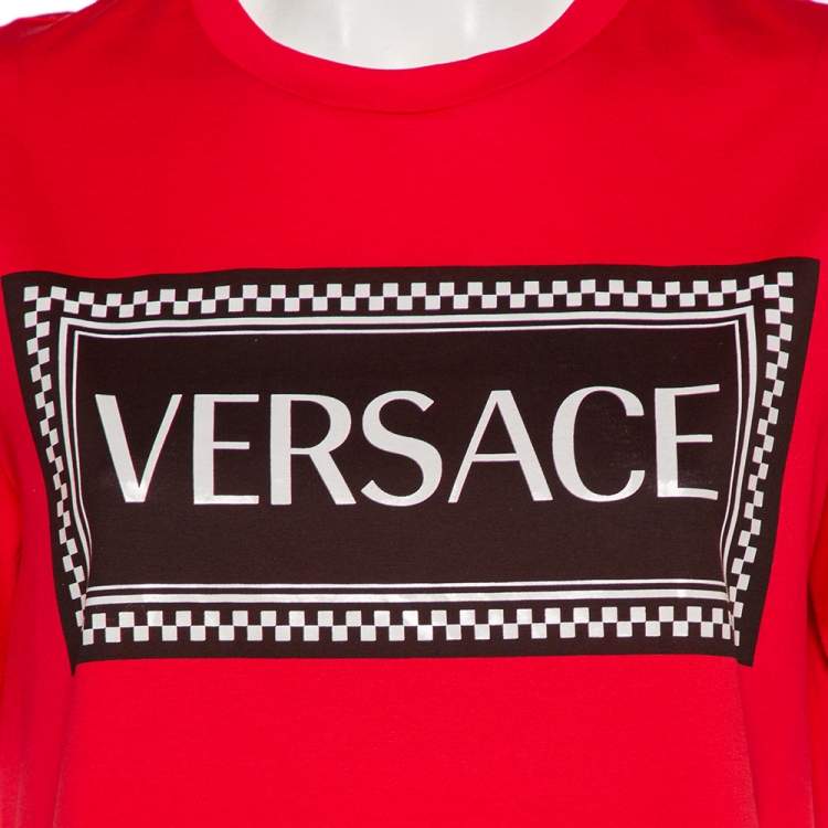 Pre Owned Versace Red Cotton Logo Printed Crewneck T-Shirt M