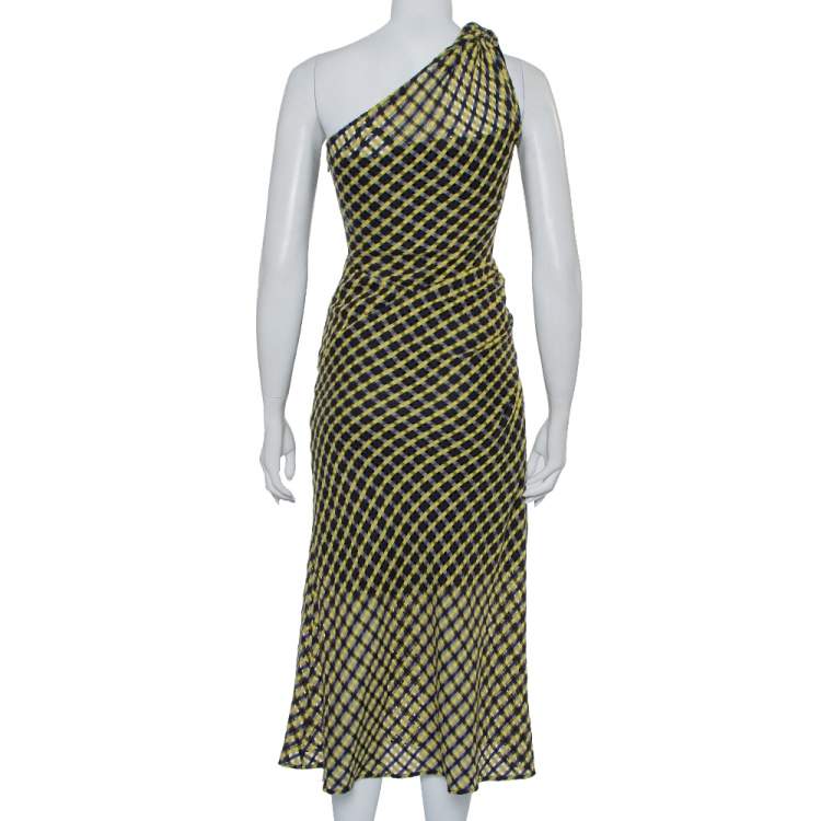 Pre Owned Versace Black & Yellow Wool Open Weave One Shoulder Midi Dress S