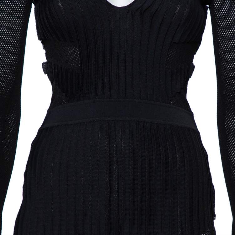 Pre Owned Versace Black Perforated Knit Plunge Neck Sheath Dress S