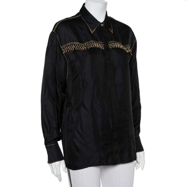Pre Owned Versace Tribute Black & Gold Embellished Silk Button Front Shirt M