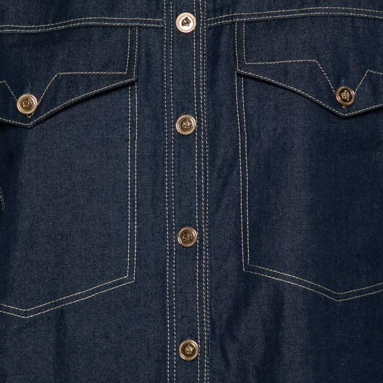 Pre Owned Versace Tribute Indigo Denim Gold Button Embellished Shirt M