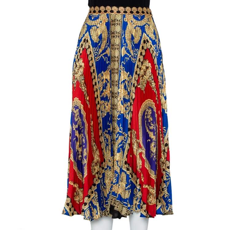 Pre Owned Versace Multicolored Printed Satin Pleated Midi Skirt L