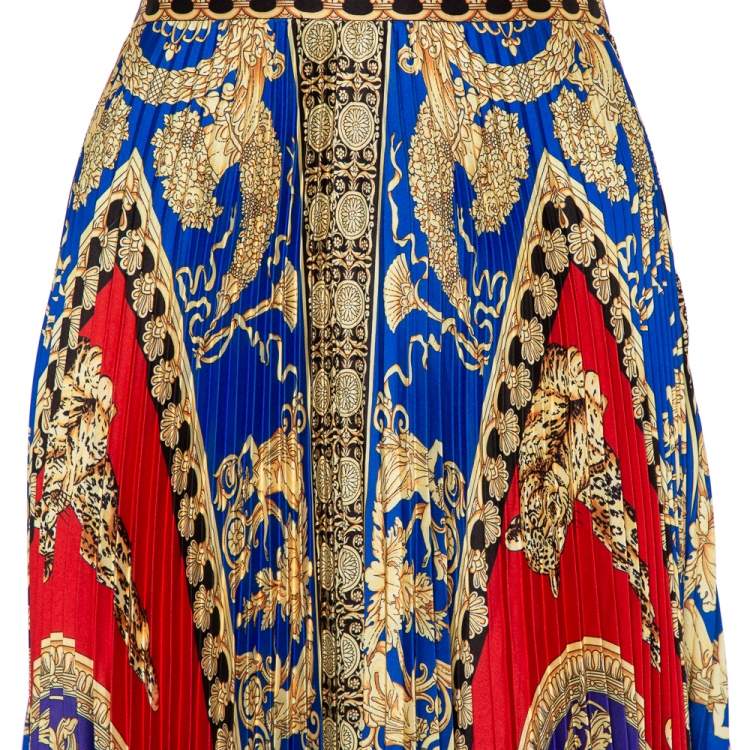 Pre Owned Versace Multicolored Printed Satin Pleated Midi Skirt L
