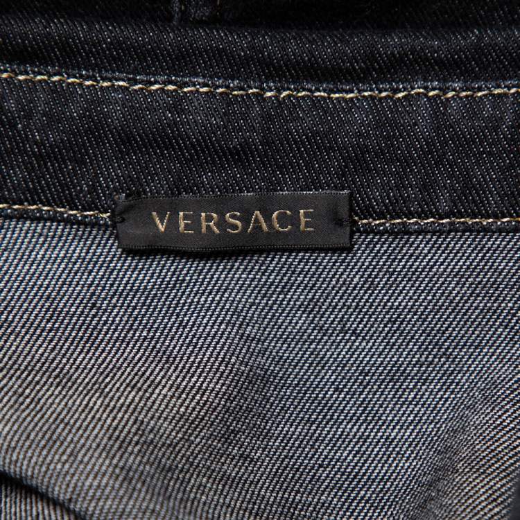 Pre Owned Versace Black Denim & Multicolor Plaided Wool Paneled Rockstud Collar Detail Shirt M
