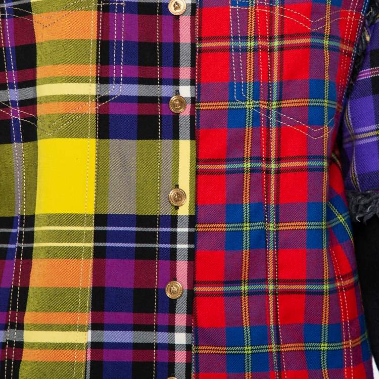Pre Owned Versace Black Denim & Multicolor Plaided Wool Paneled Rockstud Collar Detail Shirt M