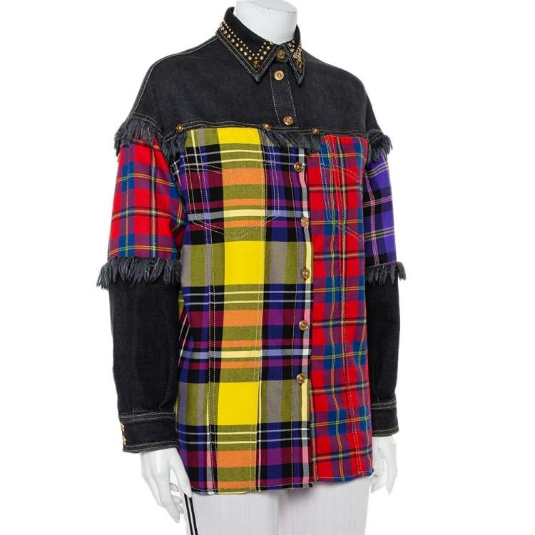 Pre Owned Versace Black Denim & Multicolor Plaided Wool Paneled Rockstud Collar Detail Shirt M