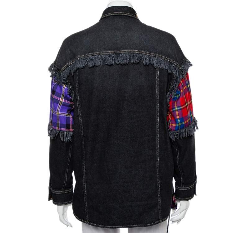 Pre Owned Versace Black Denim & Multicolor Plaided Wool Paneled Rockstud Collar Detail Shirt M