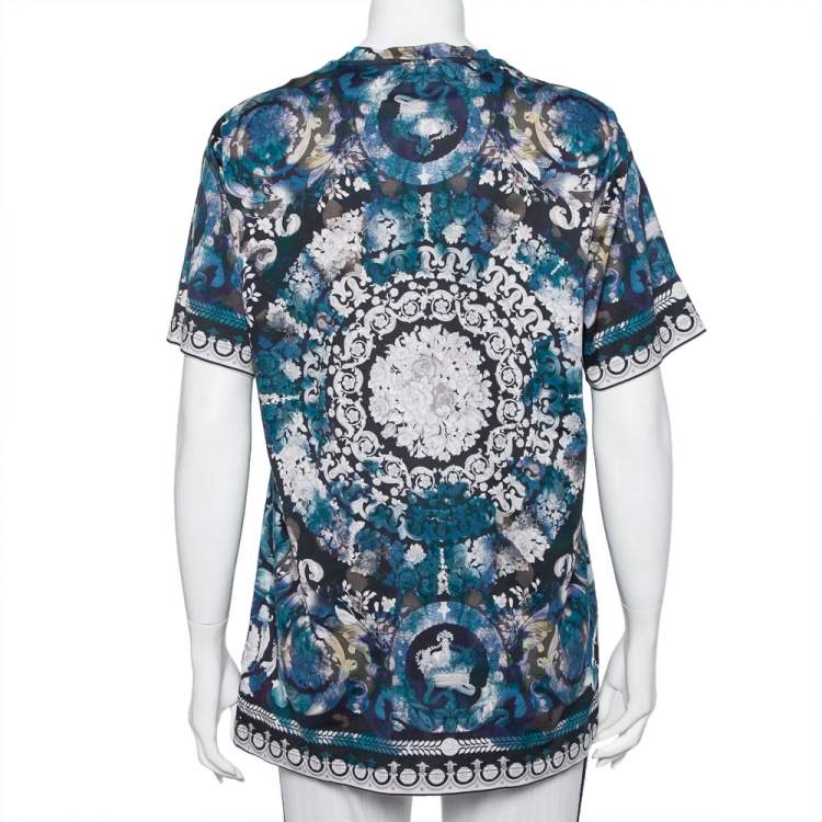 Pre Owned Versace Blue Printed Cotton Oversized Crewneck T-Shirt S