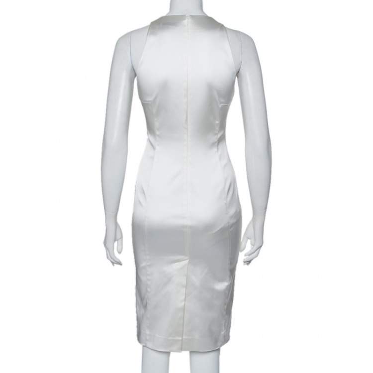 Pre Owned Versace White Sateen Plunge Neck Sheath Dress S