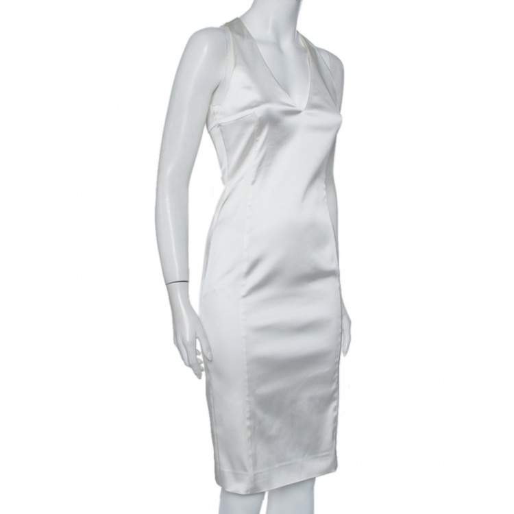 Pre Owned Versace White Sateen Plunge Neck Sheath Dress S
