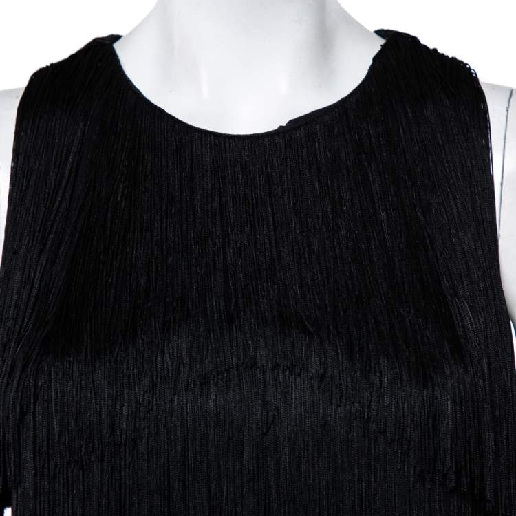 Pre Owned Versace Black Silk Fringed Sleeveless Crop Top S