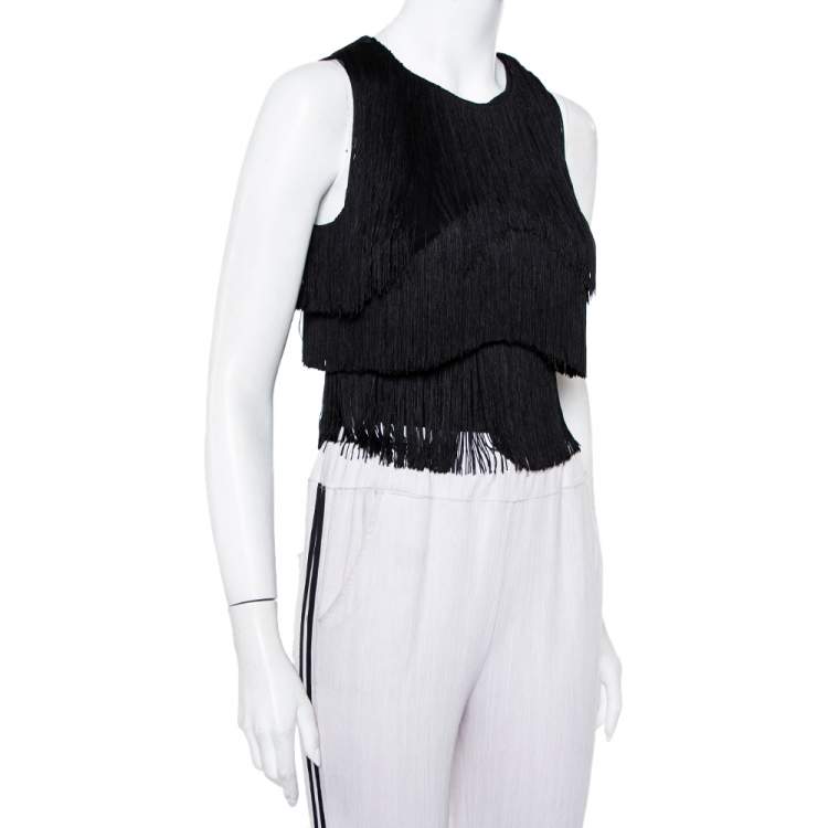 Pre Owned Versace Black Silk Fringed Sleeveless Crop Top S