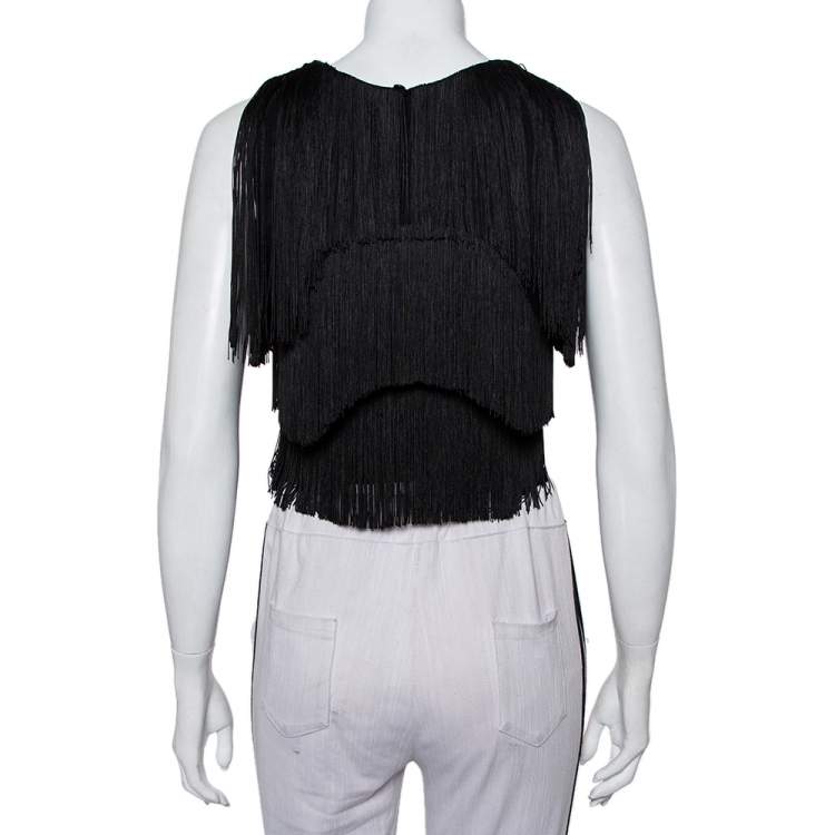 Pre Owned Versace Black Silk Fringed Sleeveless Crop Top S