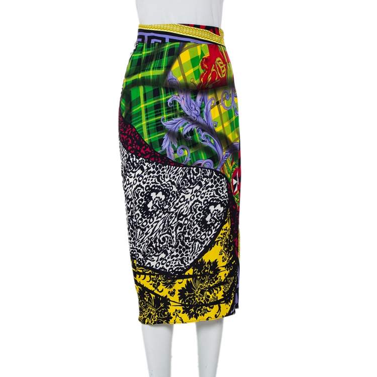 Pre Owned Versace Multicolor Mega Mix Print Crepe Knee Length Skirt M