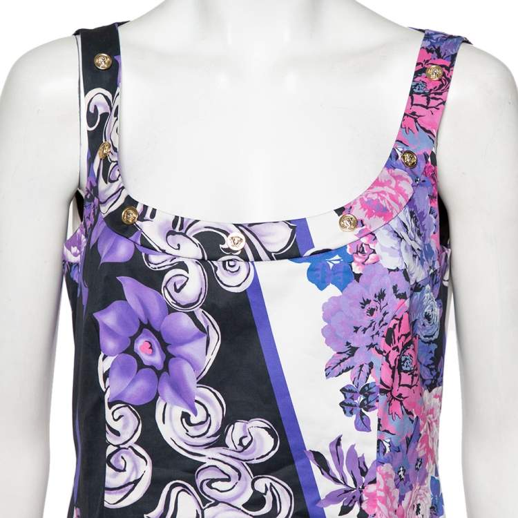 Pre Owned Versace Multicolor Printed Cotton Scoop Neck Sleeveless Shift Dress L
