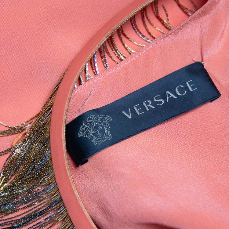 Pre Owned Versace Peach Pink Silk Embellished Neck Detail Sleeveless Shift Dress L