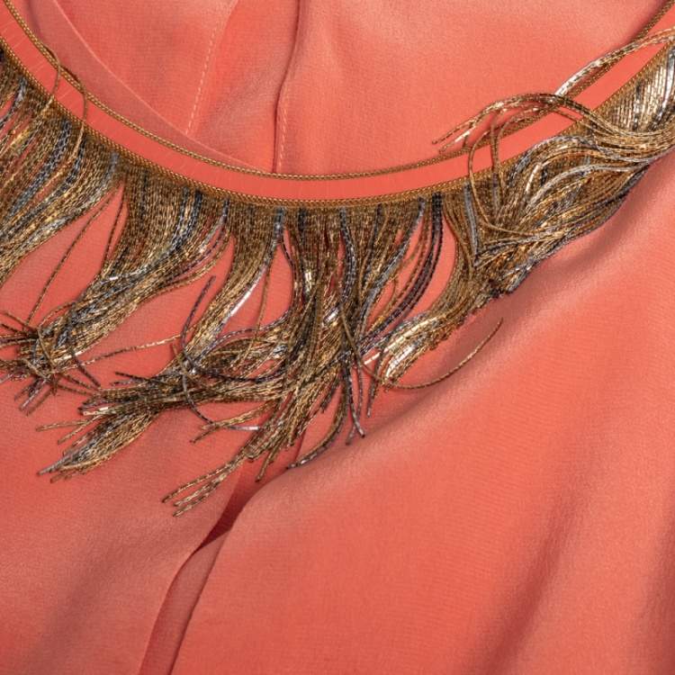 Pre Owned Versace Peach Pink Silk Embellished Neck Detail Sleeveless Shift Dress L