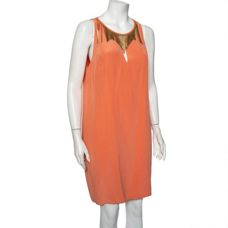 Pre Owned Versace Peach Pink Silk Embellished Neck Detail Sleeveless Shift Dress L