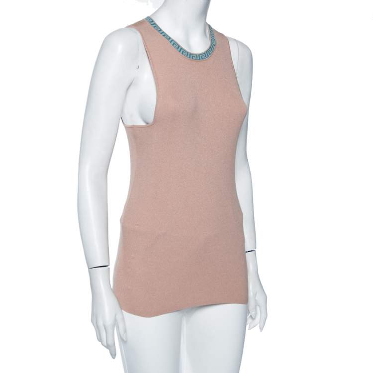 Pre Owned Versace Beige Knit Logo Neck Detail Tank Top L 