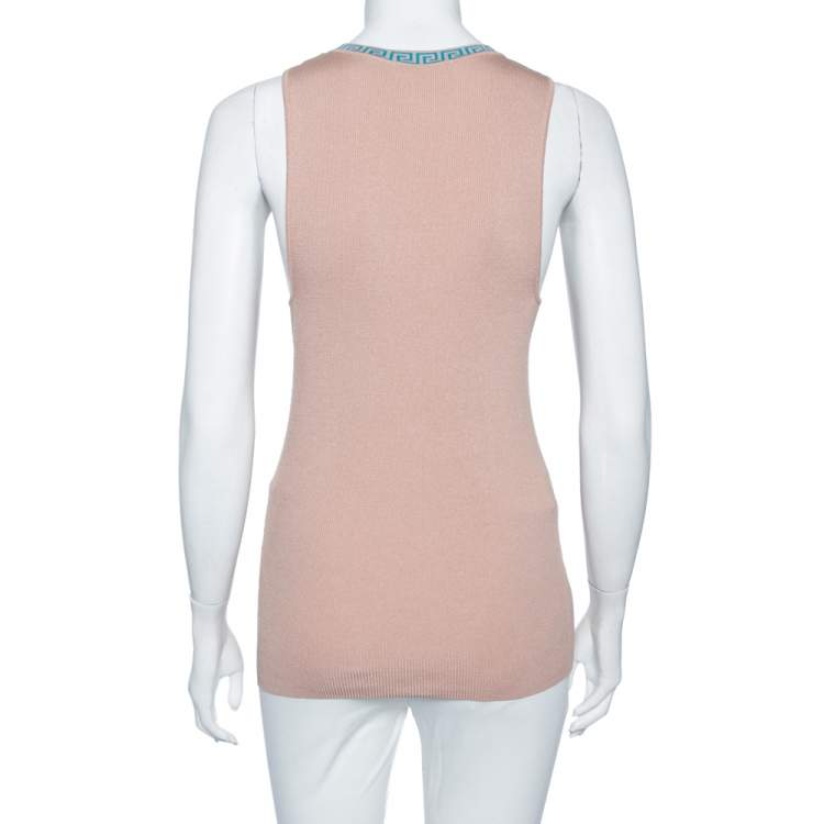 Pre Owned Versace Beige Knit Logo Neck Detail Tank Top L 