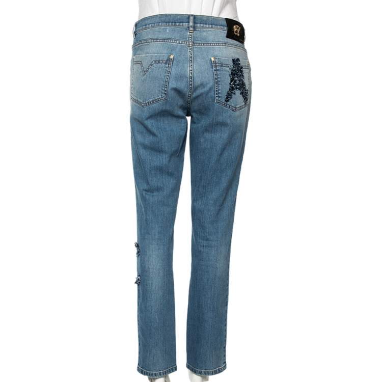 Pre Owned Versace Stone Washed Blue Cotton Logo Embroidered Jeans L 