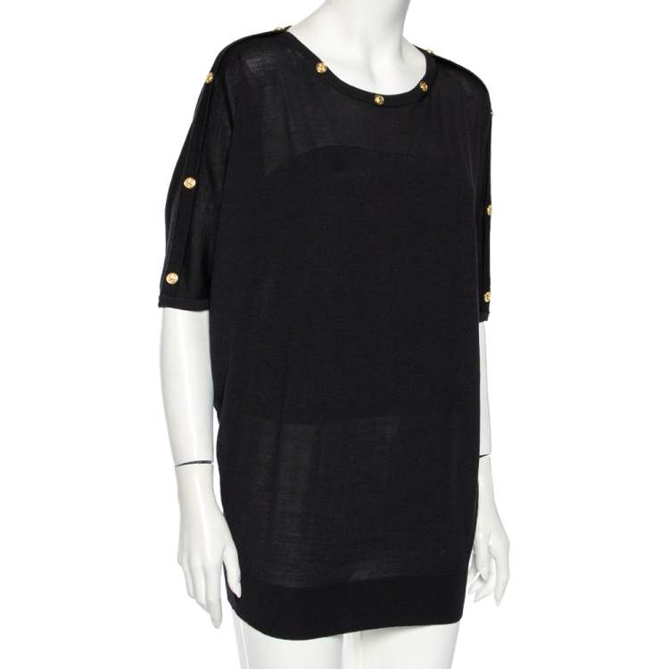 Pre Owned Versace Black Wool Medusa Button Detail Oversized Top M 