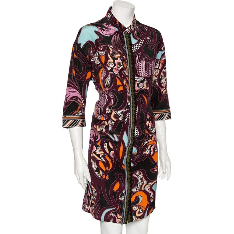 Pre Owned Versace Multicolored Printed Silk Button Front Shirt Dress L