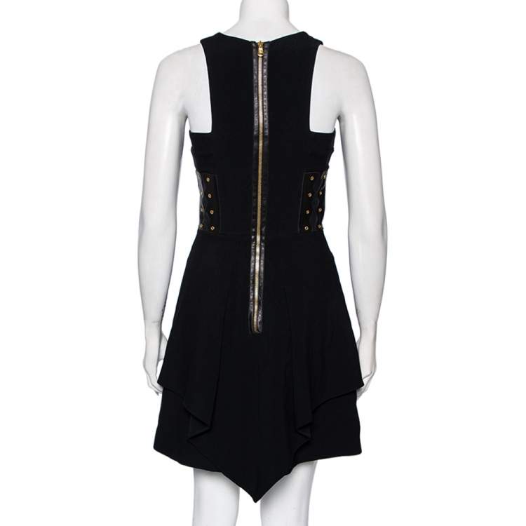 Pre Owned Versace Black Crepe Eyelet Leather Trim Detailed Sleeveless Short Dress S