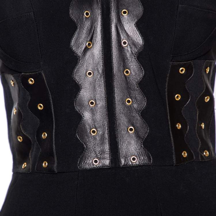 Pre Owned Versace Black Crepe Eyelet Leather Trim Detailed Sleeveless Short Dress S