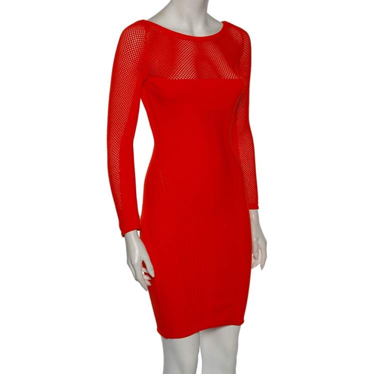 Pre Owned Versace Orange Textured Knit & Mesh Detailed Sheath Dress S