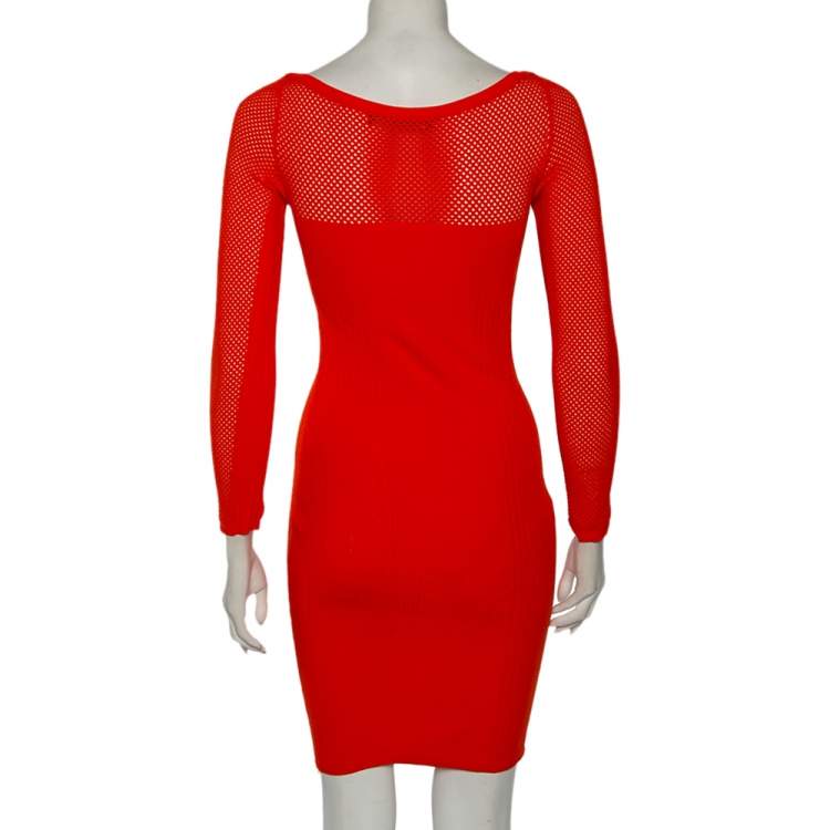Pre Owned Versace Orange Textured Knit & Mesh Detailed Sheath Dress S