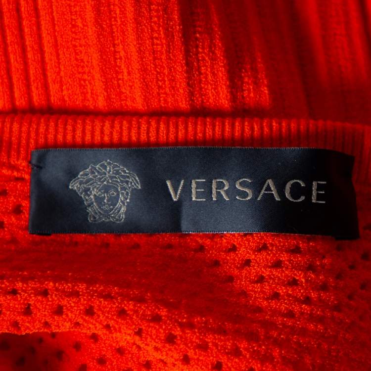 Pre Owned Versace Orange Textured Knit & Mesh Detailed Sheath Dress S
