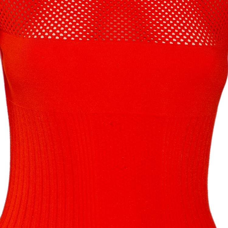Pre Owned Versace Orange Textured Knit & Mesh Detailed Sheath Dress S