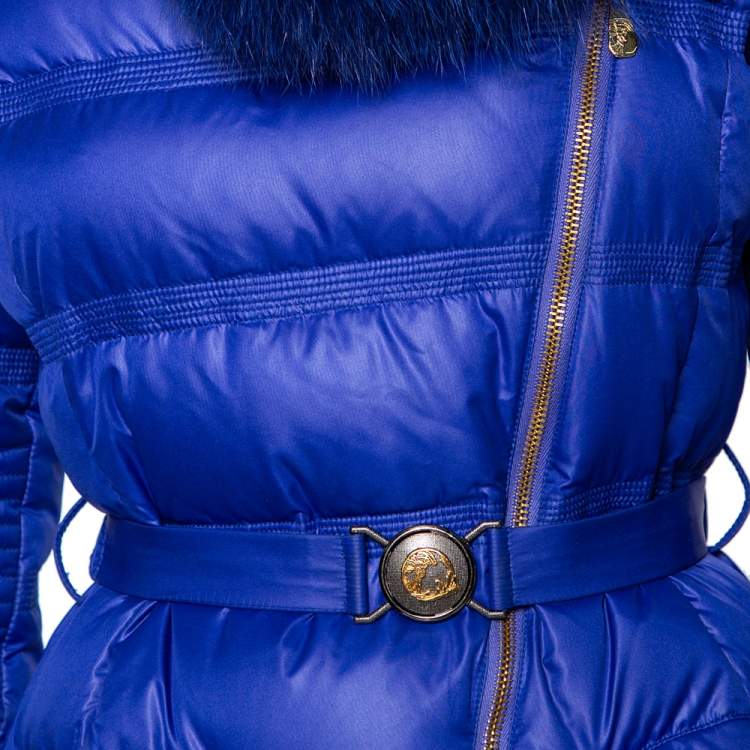 Pre Owned Versace Collection Blue Down Quilted & Fur Trimmed Belted Jacket M