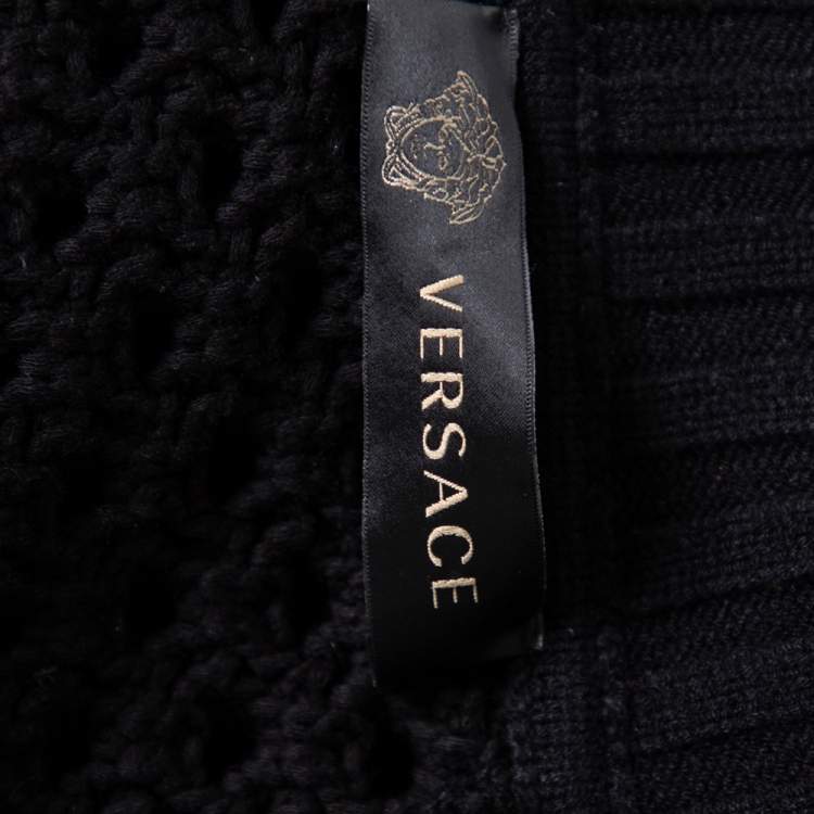 مملوكة مسبقًا Versace Monochrome Open Knit Contrast Trim Zip Front Sweater M