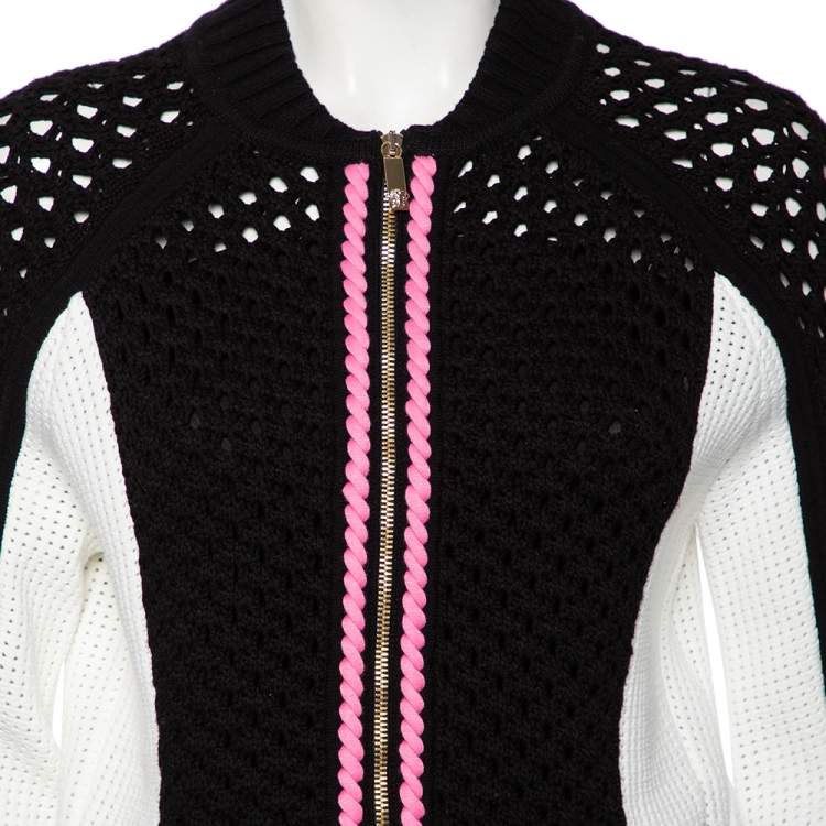 مملوكة مسبقًا Versace Monochrome Open Knit Contrast Trim Zip Front Sweater M