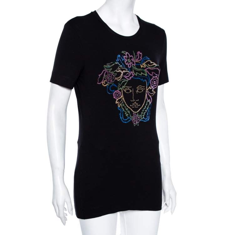 مملوكة مسبقًا Versace Black Jersey Medusa Embellished Short Sleeve T-Shirt M
