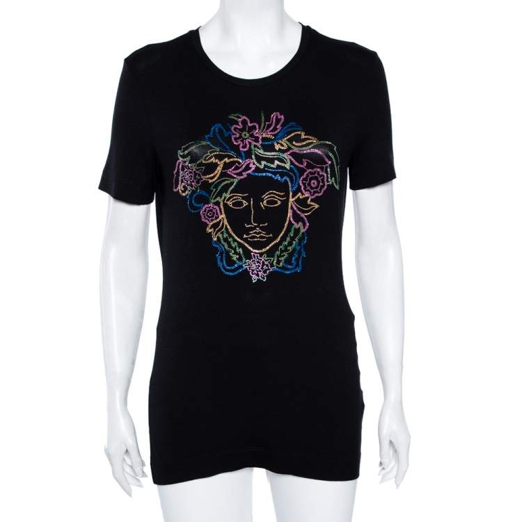 مملوكة مسبقًا Versace Black Jersey Medusa Embellished Short Sleeve T-Shirt M