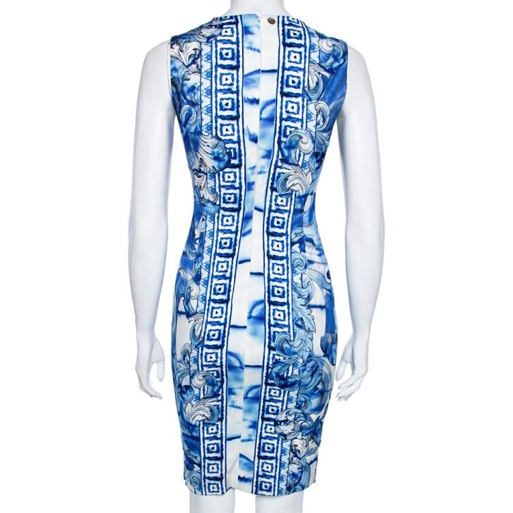 Pre Owned Versace Collection Blue Leaf Print Crepe Sleeveless Dress XS