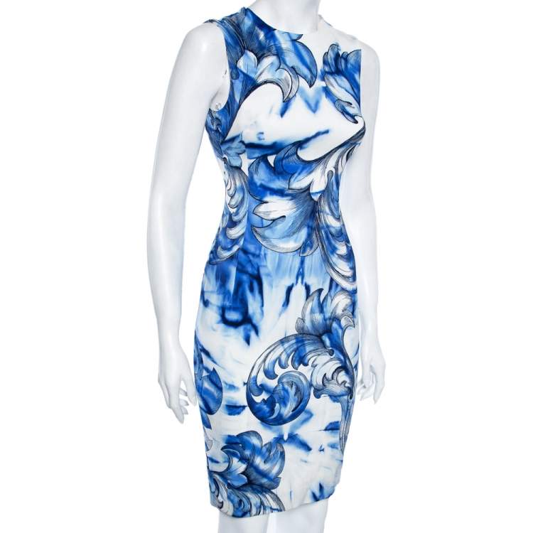 Versace Collection Blue Leaf Print Crepe Sleeveless Dress XS Versace