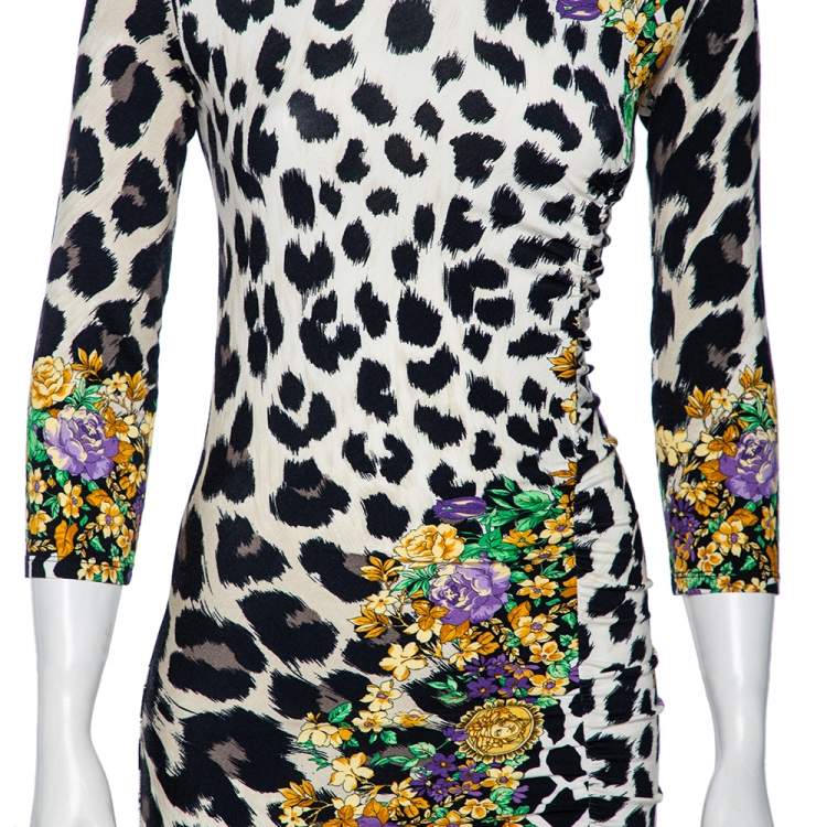 Pre Owned Versace Multicolored Printed Jersey Ruched Dress L