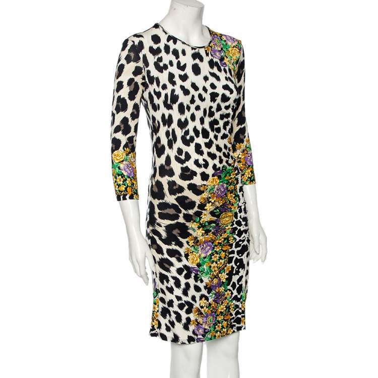 Pre Owned Versace Multicolored Printed Jersey Ruched Dress L