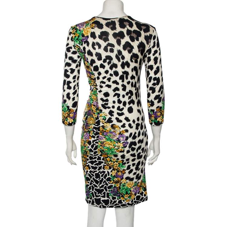 Pre Owned Versace Multicolored Printed Jersey Ruched Dress L