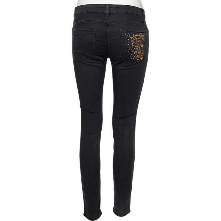 Pre Owned Versace Charcoal Grey Denim Stud Embellished Pocket Detailed Jeans S 